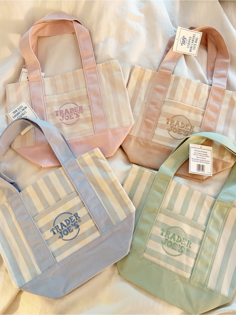 Trader Joe's Set of 4 New Pastel Striped Mini Tote Bags Green Pink Blue Beige